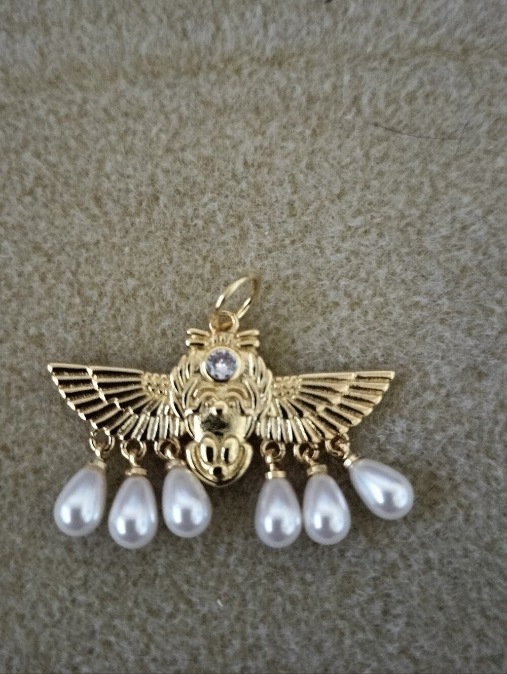 Vintage-Inspired Gold Tone Egyptian Winged Scarab Pendant with Pearl Teardrops